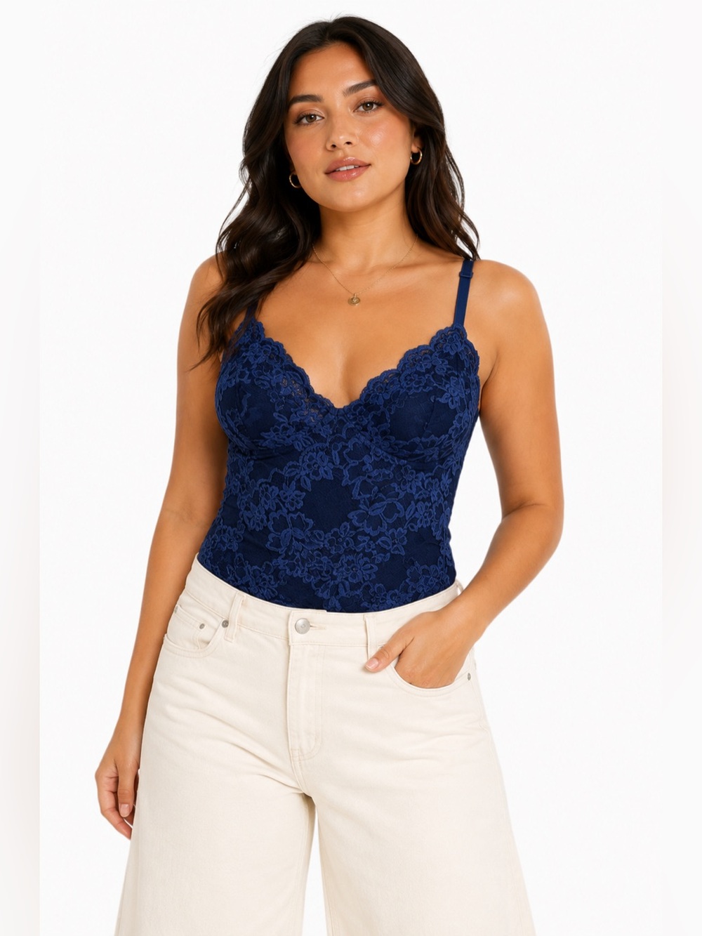 70s European Vintage Palmers Embroidered Floral Lace Bodysuit (Blue) Size M